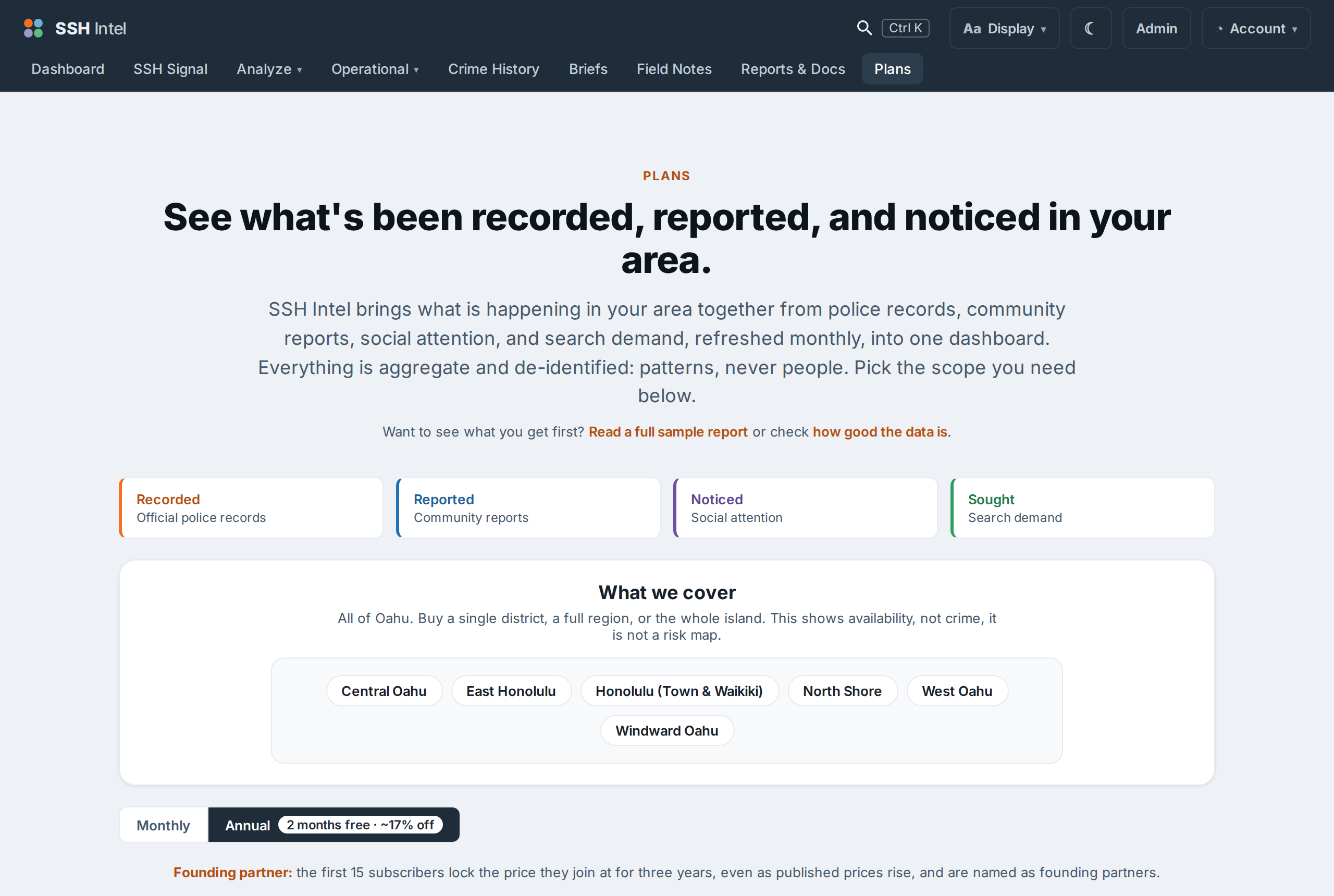 The SSH Intel Plans page: the four signals, a 'What we cover' region picker, a Monthly/Annual toggle with founding-rate note, and the District, Regional, and Portfolio tiers.