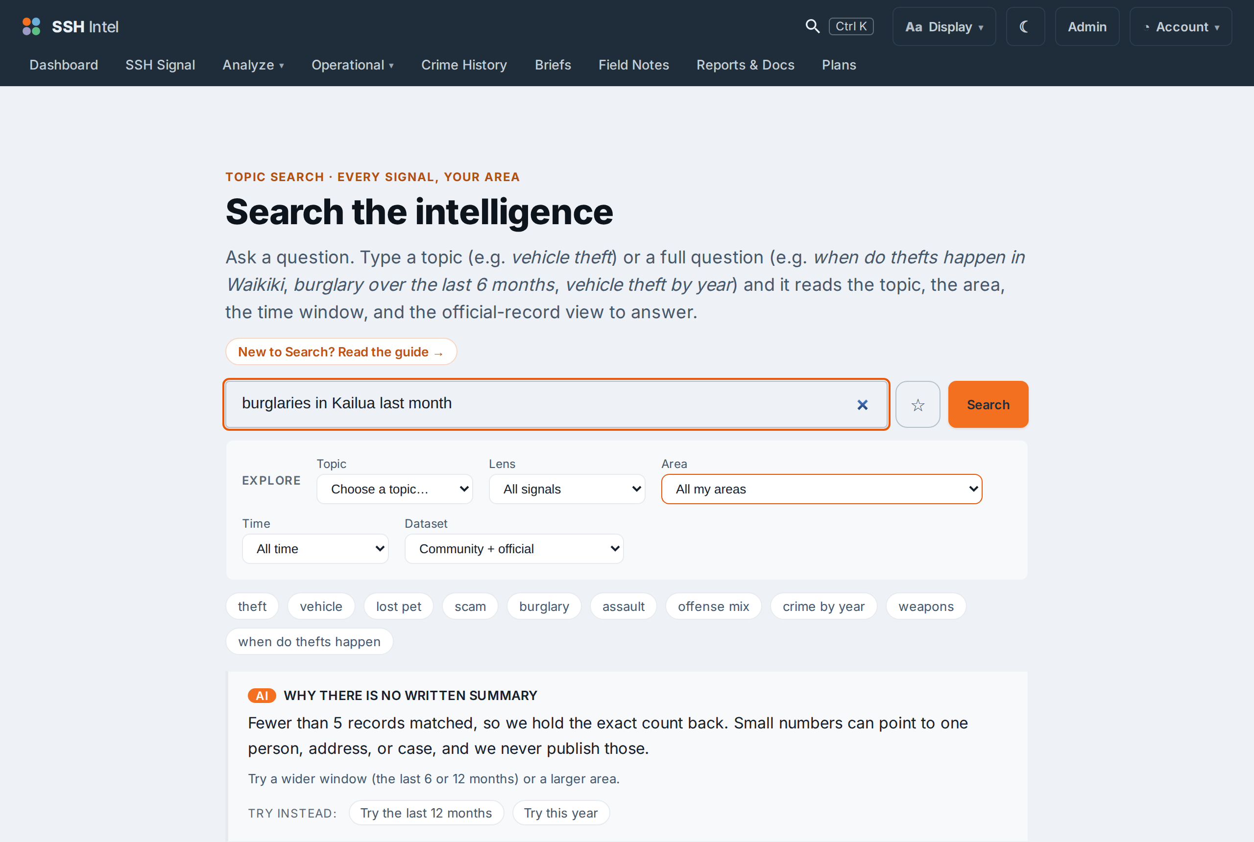 A search showing a 'why there is no written summary' block because fewer than 5 records matched, with chips offering to try the last 12 months or this year.