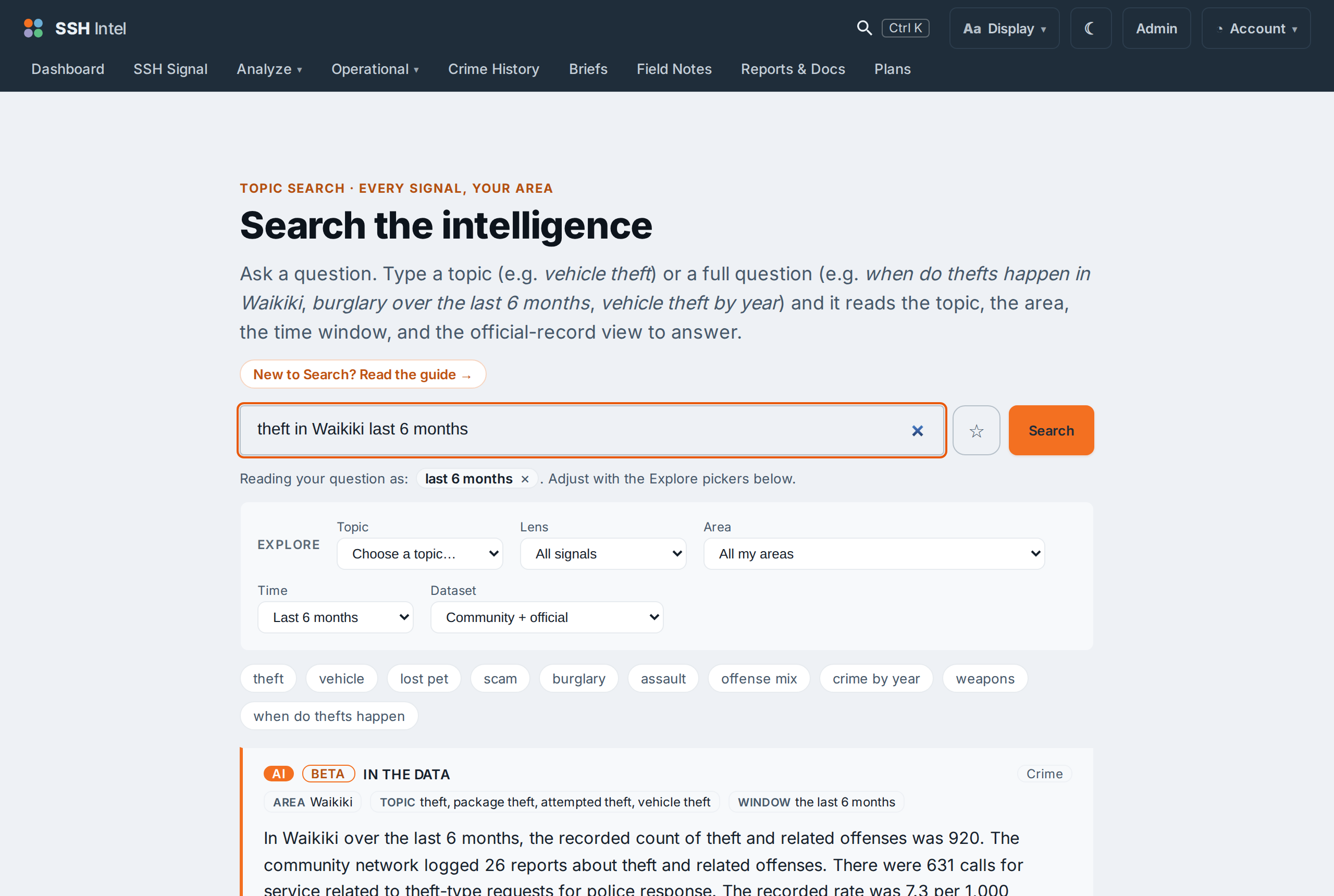 The Search page with the query 'theft in Waikiki last 6 months', the Explore pickers, example chips, and a sourced AI answer giving counts and the per-capita rate versus the Oahu average.
