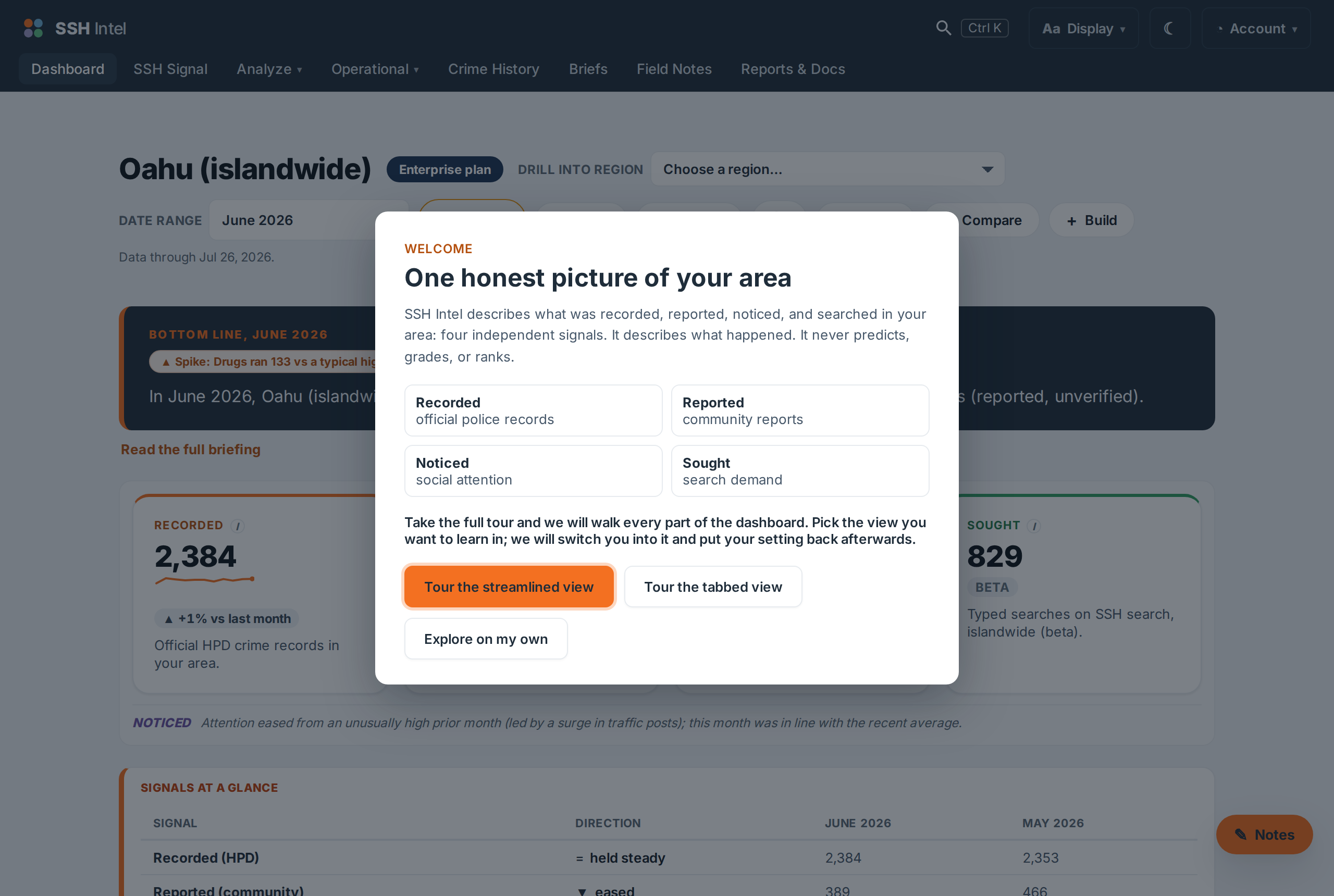 The first-run welcome panel: 'One honest picture of your area', naming the four signals (Recorded, Reported, Noticed, Sought) with a 'Take the tour' button.